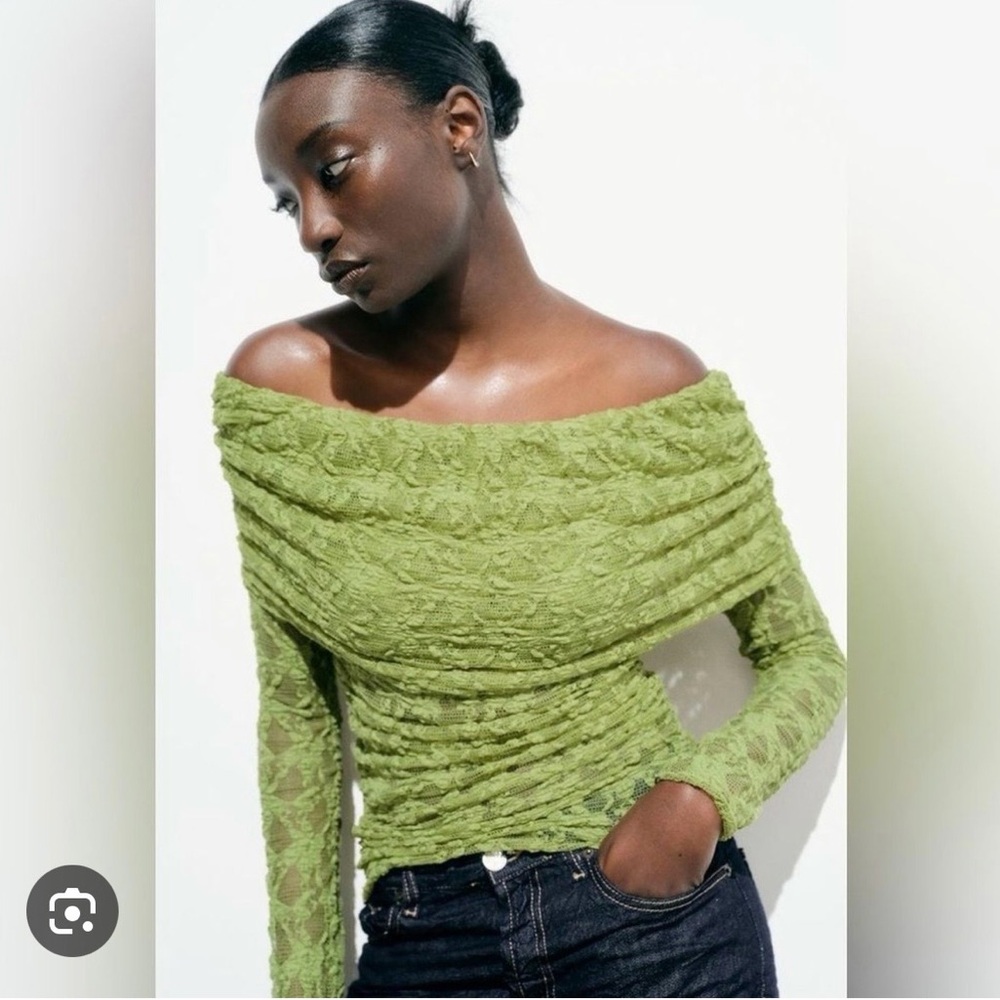Zara Light Olive Green Off-the-Shoulder Lace Sweater
